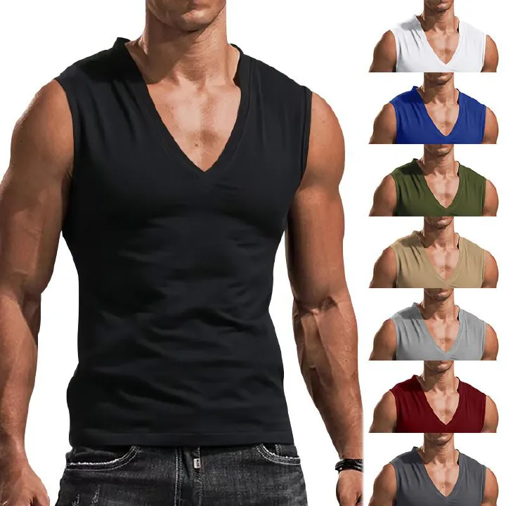 Custom Blank V Neck Fitness Workout Tops Muscle Training Bodybuilding Sleeveless Slim Fit Men Gym Top Camis (Tank Tops)