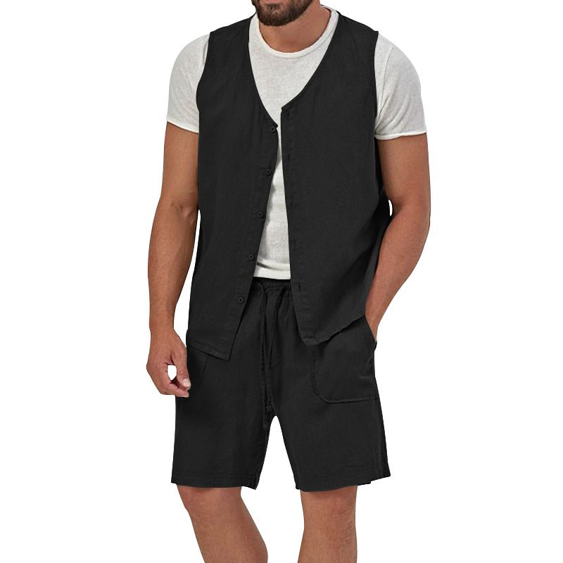 Cotton Linen Two Piece Set Summer Mens Solid Causal Outfits Men Sleeveless Shirt And Shorts Suits 2 Piece Set Two-Piece Outfits