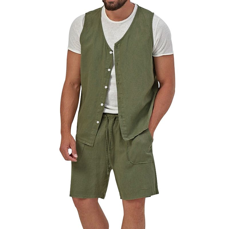 Cotton Linen Two Piece Set Summer Mens Solid Causal Outfits Men Sleeveless Shirt And Shorts Suits 2 Piece Set Two-Piece Outfits