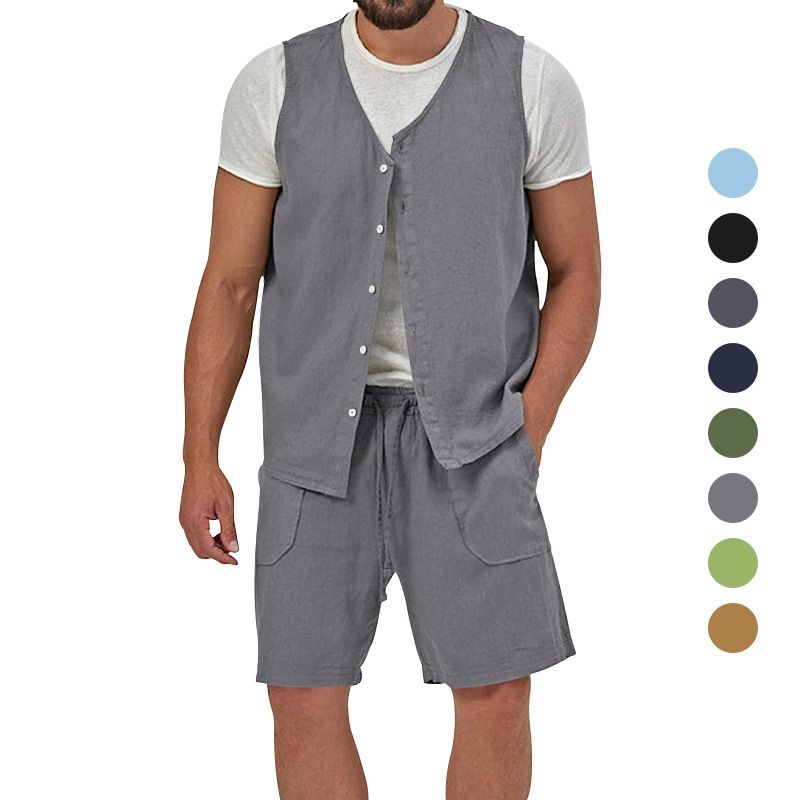 Cotton Linen Two Piece Set Summer Mens Solid Causal Outfits Men Sleeveless Shirt And Shorts Suits 2 Piece Set Two-Piece Outfits