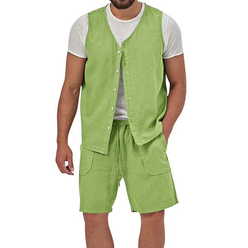 Cotton Linen Two Piece Set Summer Mens Solid Causal Outfits Men Sleeveless Shirt And Shorts Suits 2 Piece Set Two-Piece Outfits