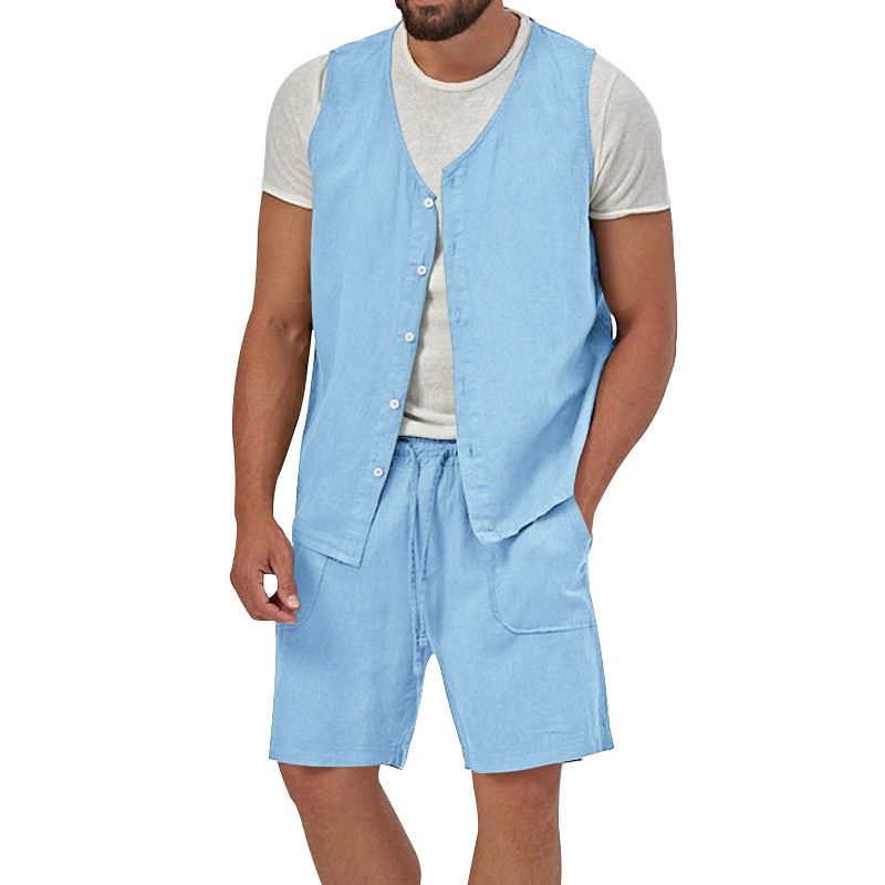 Cotton Linen Two Piece Set Summer Mens Solid Causal Outfits Men Sleeveless Shirt And Shorts Suits 2 Piece Set Two-Piece Outfits