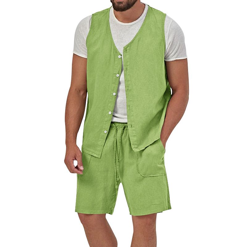 Cotton Linen Two Piece Set Summer Mens Solid Causal Outfits Men Sleeveless Shirt And Shorts Suits 2 Piece Set Two-Piece Outfits
