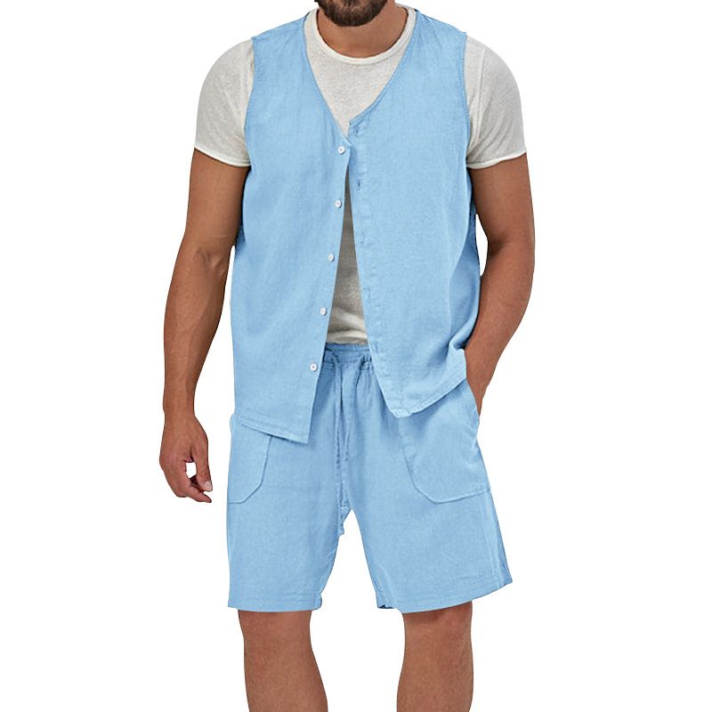 Cotton Linen Two Piece Set Summer Mens Solid Causal Outfits Men Sleeveless Shirt And Shorts Suits 2 Piece Set Two-Piece Outfits