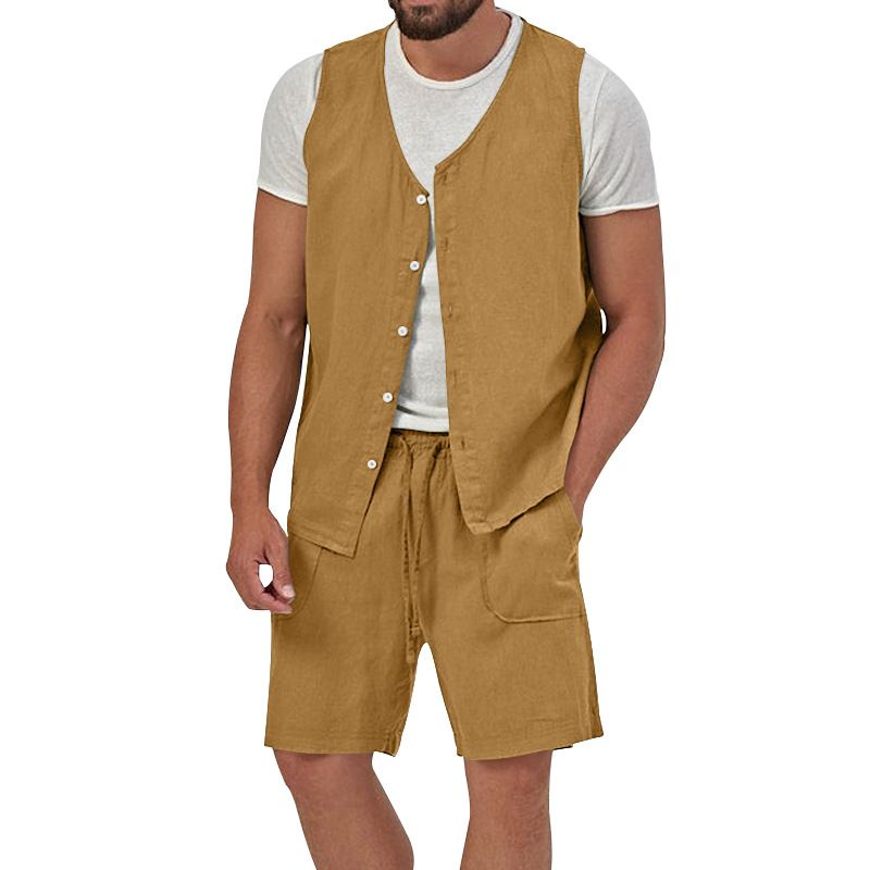 Cotton Linen Two Piece Set Summer Mens Solid Causal Outfits Men Sleeveless Shirt And Shorts Suits 2 Piece Set Two-Piece Outfits