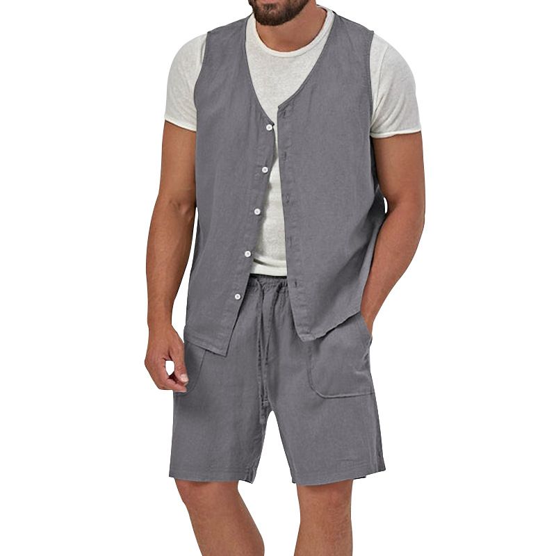 Cotton Linen Two Piece Set Summer Mens Solid Causal Outfits Men Sleeveless Shirt And Shorts Suits 2 Piece Set Two-Piece Outfits