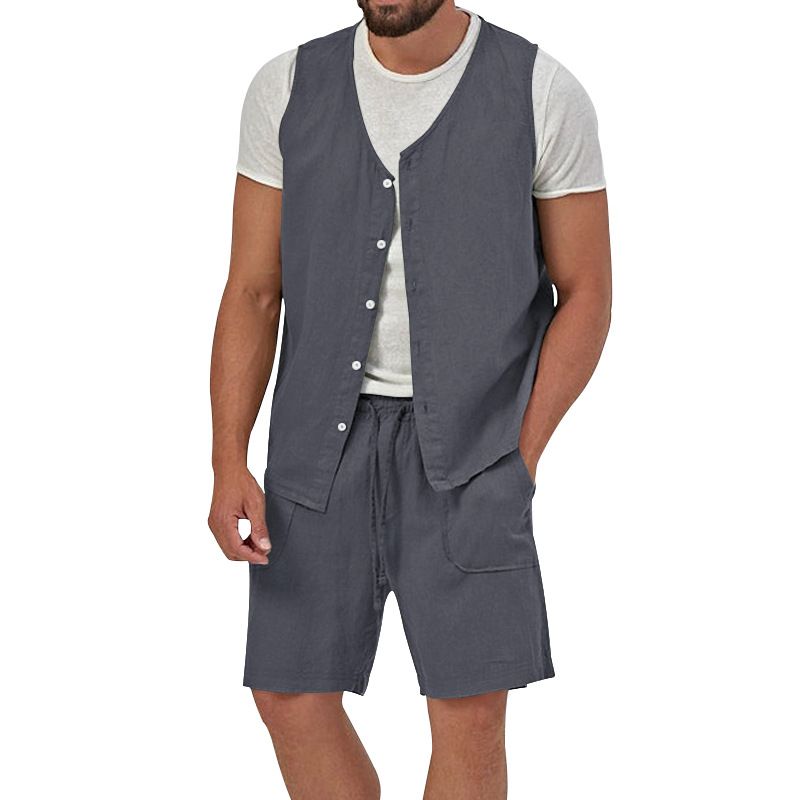 Cotton Linen Two Piece Set Summer Mens Solid Causal Outfits Men Sleeveless Shirt And Shorts Suits 2 Piece Set Two-Piece Outfits
