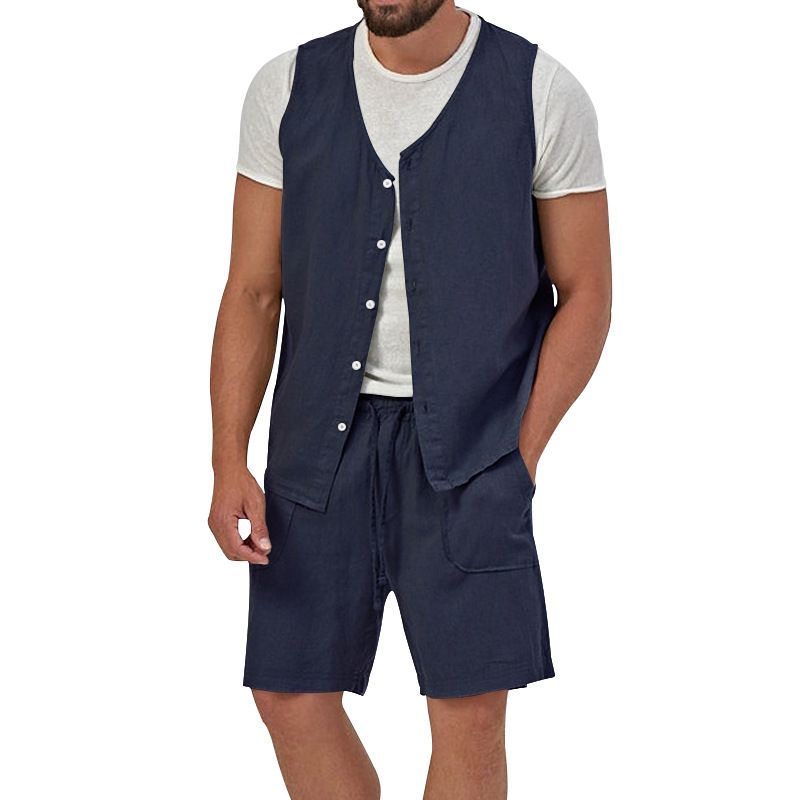 Cotton Linen Two Piece Set Summer Mens Solid Causal Outfits Men Sleeveless Shirt And Shorts Suits 2 Piece Set Two-Piece Outfits