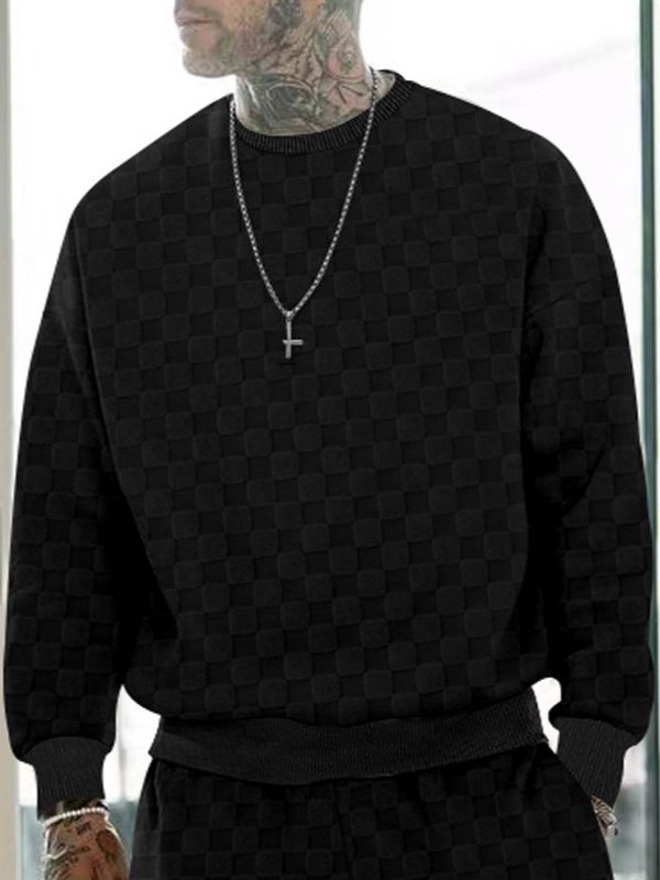 Plaid jacquard heavyweight oversized hoodie pullover men Crew neck casual loose sweatshirt  T-Shirts