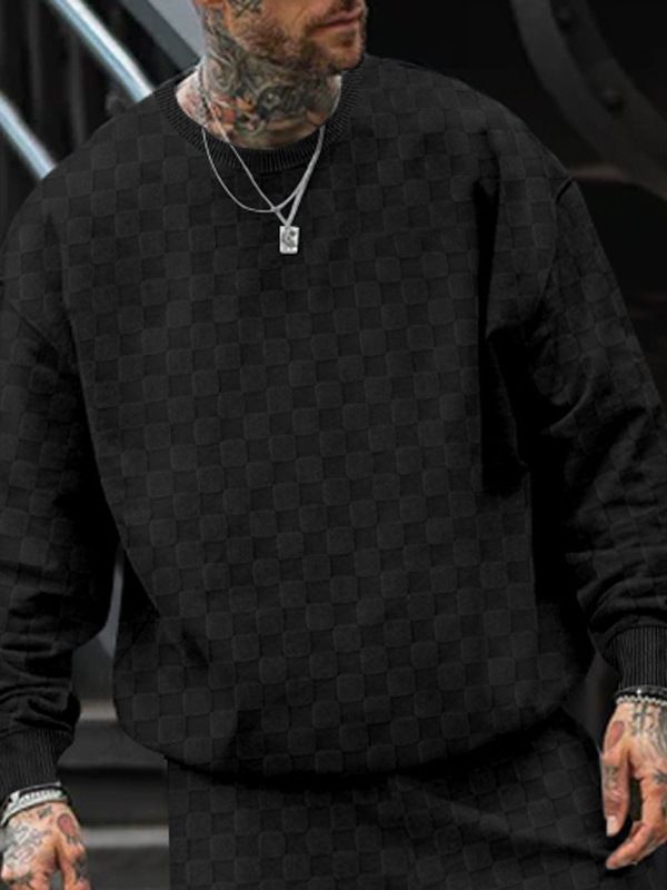 Plaid jacquard heavyweight oversized hoodie pullover men Crew neck casual loose sweatshirt  T-Shirts