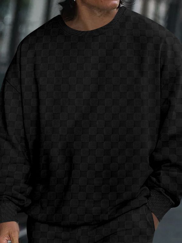 Plaid jacquard heavyweight oversized hoodie pullover men Crew neck casual loose sweatshirt  T-Shirts