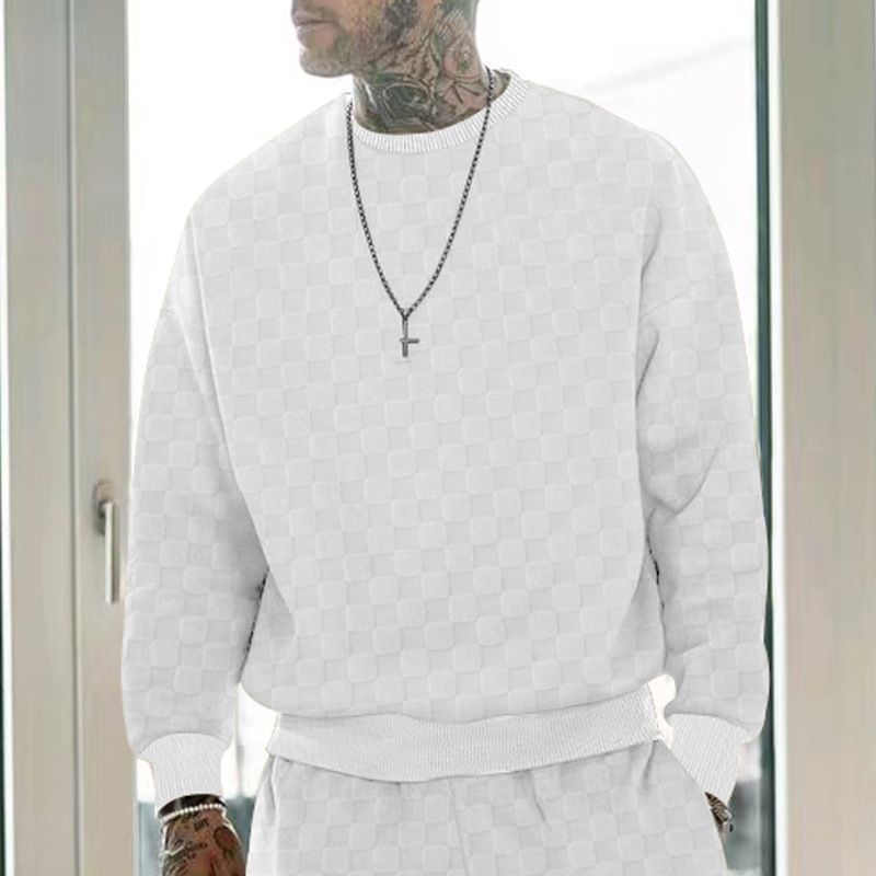 Plaid jacquard heavyweight oversized hoodie pullover men Crew neck casual loose sweatshirt  T-Shirts