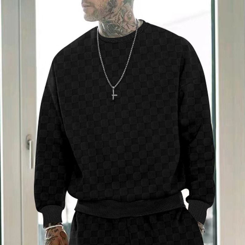 Plaid jacquard heavyweight oversized hoodie pullover men Crew neck casual loose sweatshirt  T-Shirts