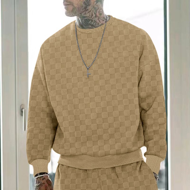 Plaid jacquard heavyweight oversized hoodie pullover men Crew neck casual loose sweatshirt  T-Shirts