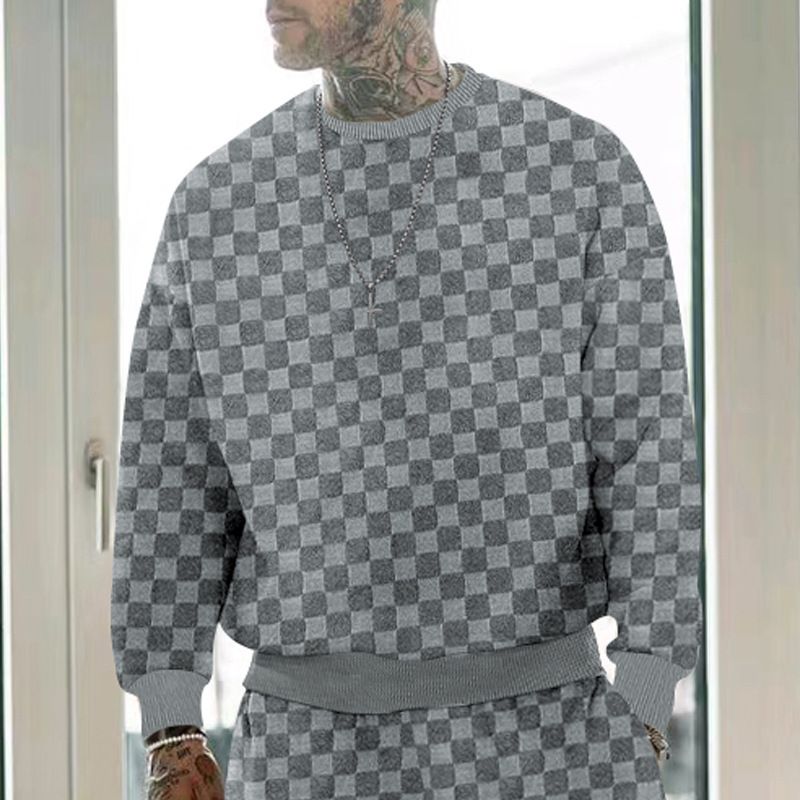 Plaid jacquard heavyweight oversized hoodie pullover men Crew neck casual loose sweatshirt  T-Shirts