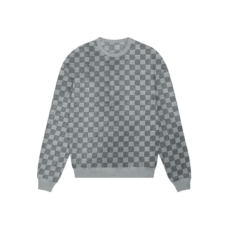 Plaid jacquard heavyweight oversized hoodie pullover men Crew neck casual loose sweatshirt  T-Shirts