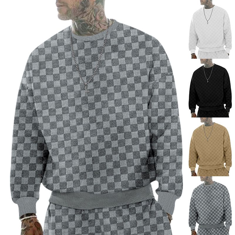 Plaid jacquard heavyweight oversized hoodie pullover men Crew neck casual loose sweatshirt  T-Shirts