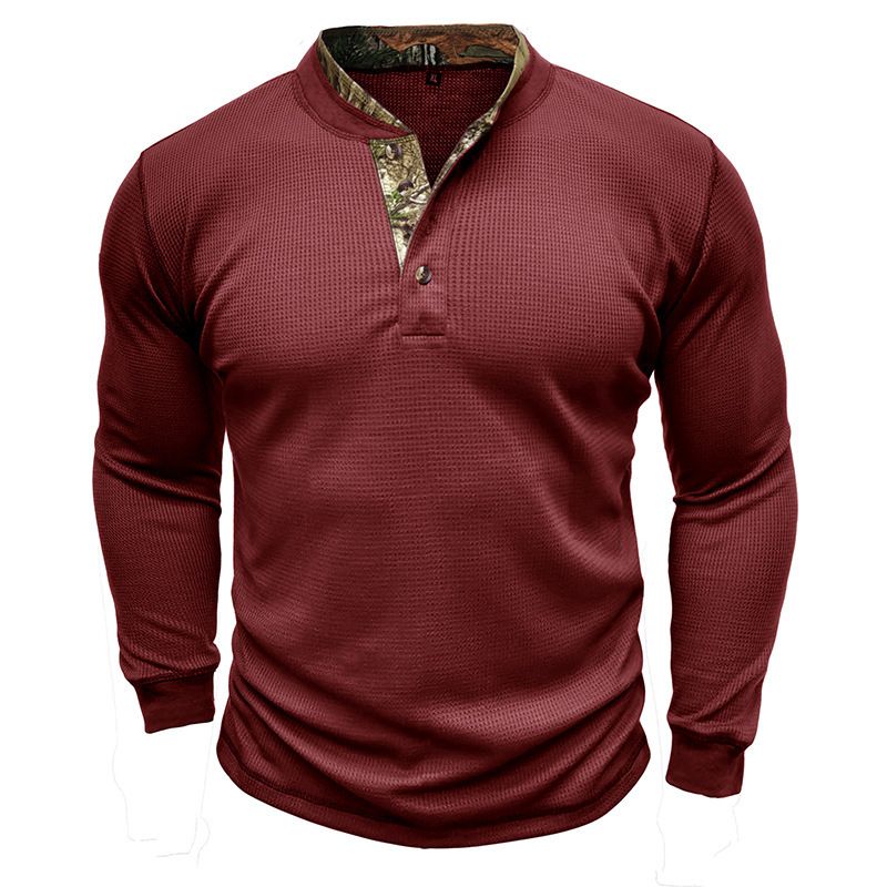 Men's long sleeved outdoor shirt European and American men's Henry T-shirt waffle round neck top T-Shirts
