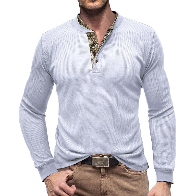 Men's long sleeved outdoor shirt European and American men's Henry T-shirt waffle round neck top T-Shirts