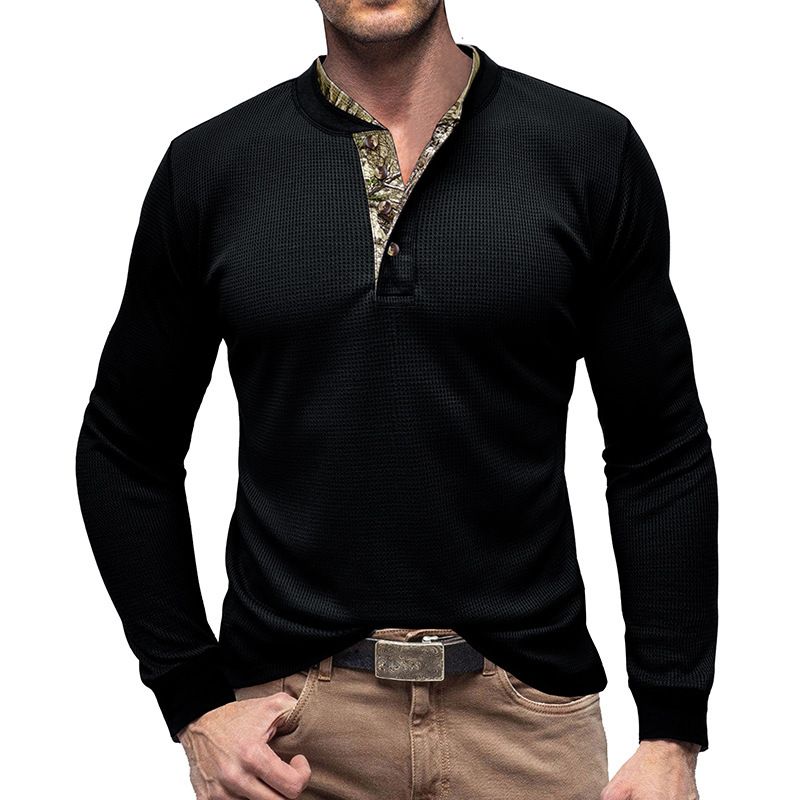 Men's long sleeved outdoor shirt European and American men's Henry T-shirt waffle round neck top T-Shirts