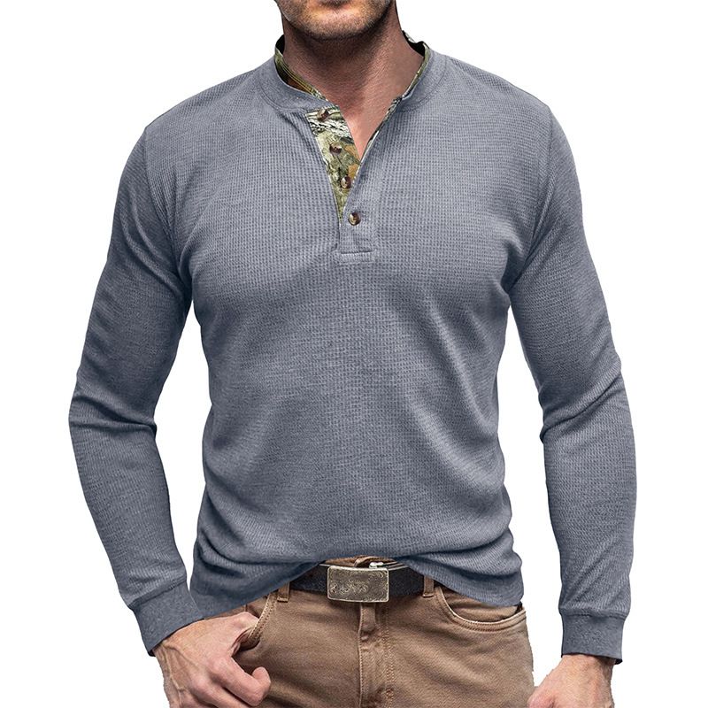 Men's long sleeved outdoor shirt European and American men's Henry T-shirt waffle round neck top T-Shirts