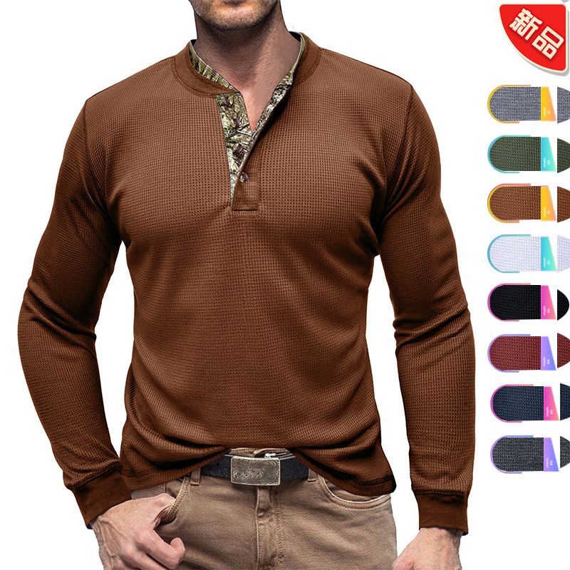 Men's long sleeved outdoor shirt European and American men's Henry T-shirt waffle round neck top T-Shirts
