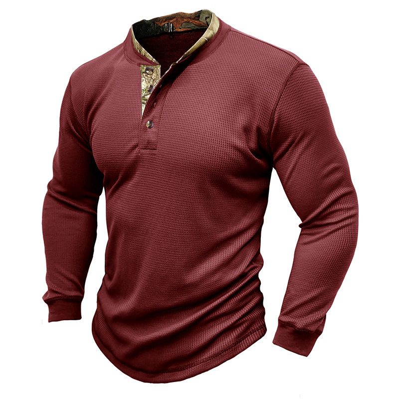 Men's long sleeved outdoor shirt European and American men's Henry T-shirt waffle round neck top T-Shirts