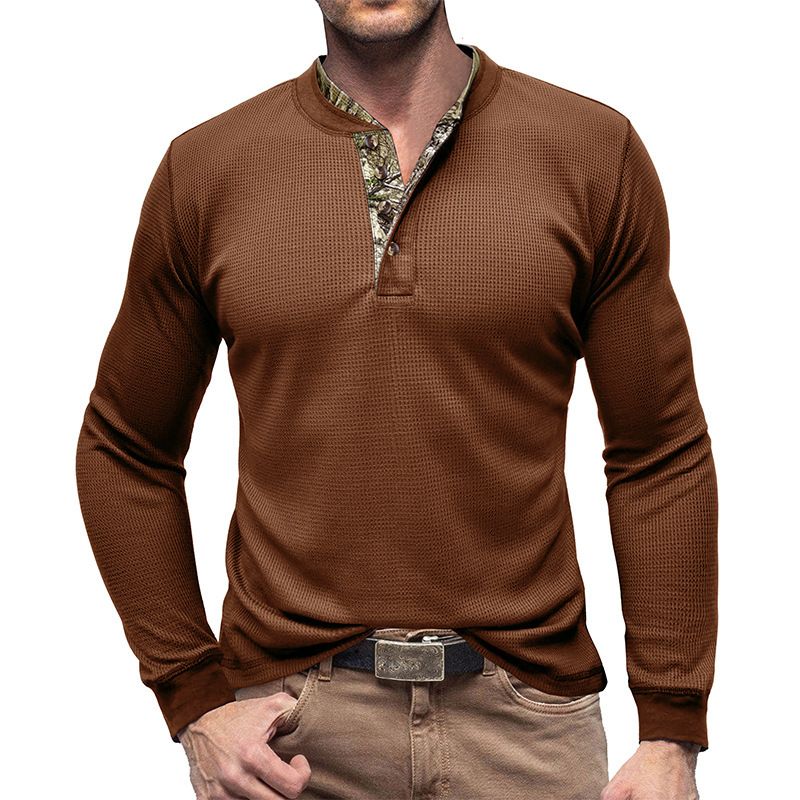 Men's long sleeved outdoor shirt European and American men's Henry T-shirt waffle round neck top T-Shirts