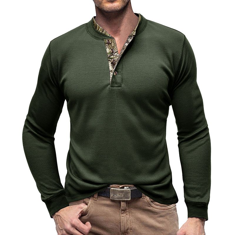 Men's long sleeved outdoor shirt European and American men's Henry T-shirt waffle round neck top T-Shirts