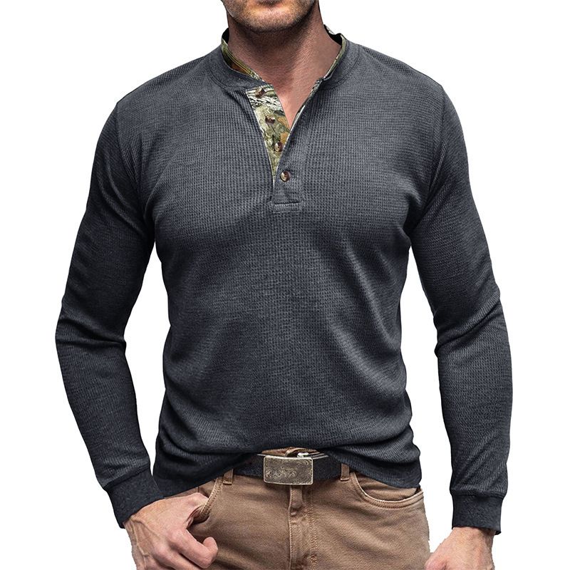 Men's long sleeved outdoor shirt European and American men's Henry T-shirt waffle round neck top T-Shirts