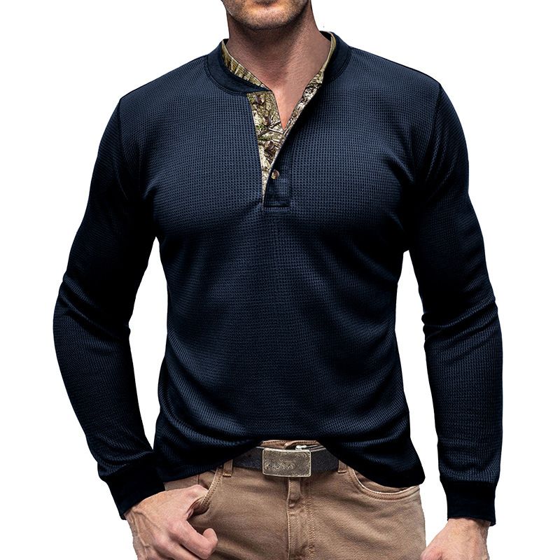 Men's long sleeved outdoor shirt European and American men's Henry T-shirt waffle round neck top T-Shirts