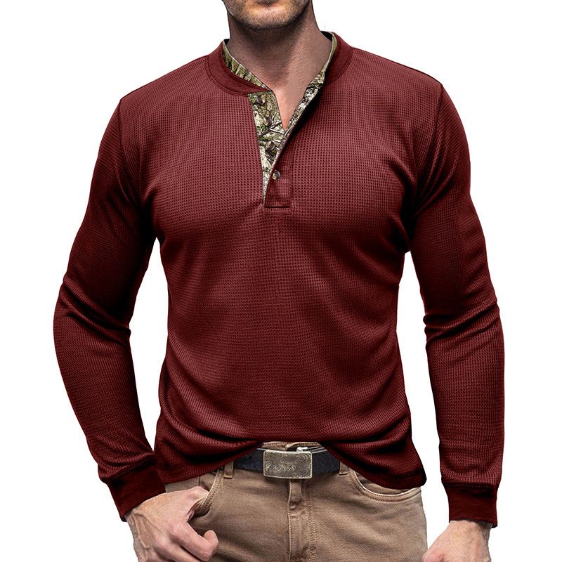 Men's long sleeved outdoor shirt European and American men's Henry T-shirt waffle round neck top T-Shirts