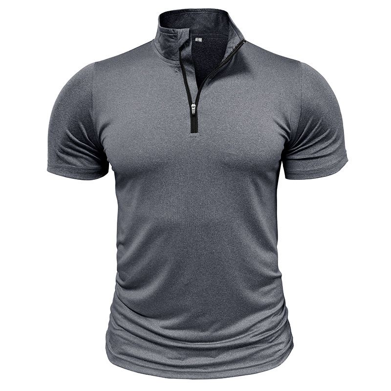 Men's outdoor short sleeved sports fitness zippered shirt with standing collar high elasticity and quick drying men's t-shirt