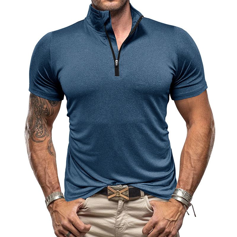 Men's outdoor short sleeved sports fitness zippered shirt with standing collar high elasticity and quick drying men's t-shirt