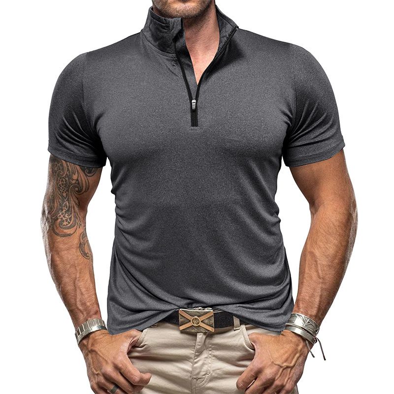 Men's outdoor short sleeved sports fitness zippered shirt with standing collar high elasticity and quick drying men's t-shirt