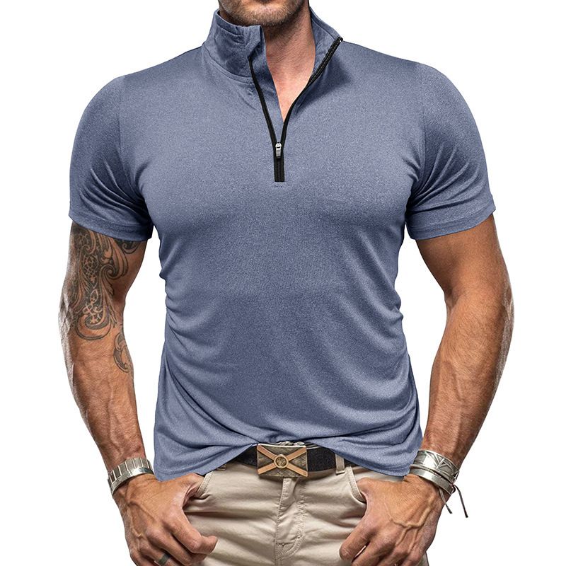 Men's outdoor short sleeved sports fitness zippered shirt with standing collar high elasticity and quick drying men's t-shirt