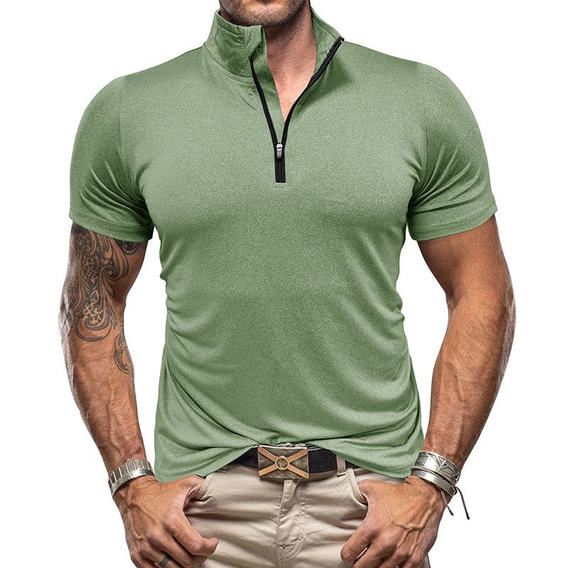 Men's outdoor short sleeved sports fitness zippered shirt with standing collar high elasticity and quick drying men's t-shirt