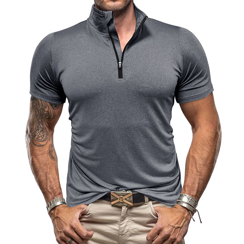 Men's outdoor short sleeved sports fitness zippered shirt with standing collar high elasticity and quick drying men's t-shirt