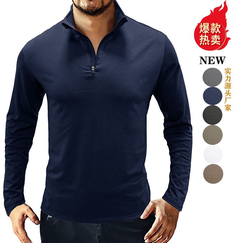 Factory Custom Logo Printing Long Sleeve zipper T-shirt Casual Blank stand collar Wholesale Tshirts For Men