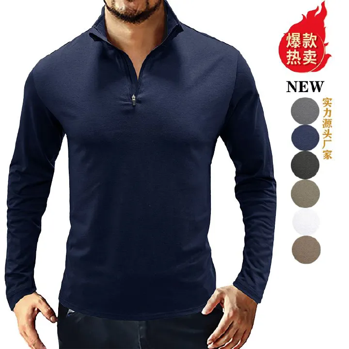 Factory Custom Logo Printing Long Sleeve zipper T-shirt Casual Blank stand collar Wholesale Tshirts For Men