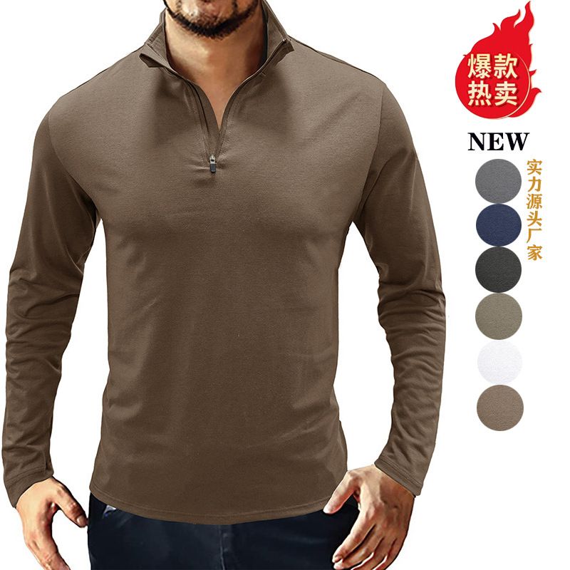 Factory Custom Logo Printing Long Sleeve zipper T-shirt Casual Blank stand collar Wholesale Tshirts For Men