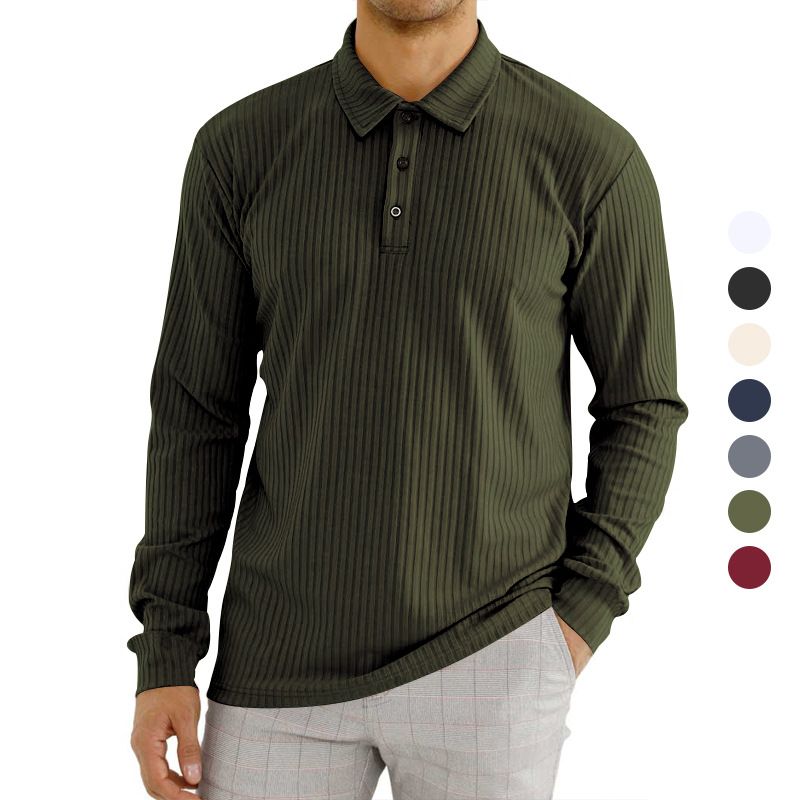 Foreign trade casual striped button lapel long sleeved business travel soft polyester fiber customized men's polo shirt