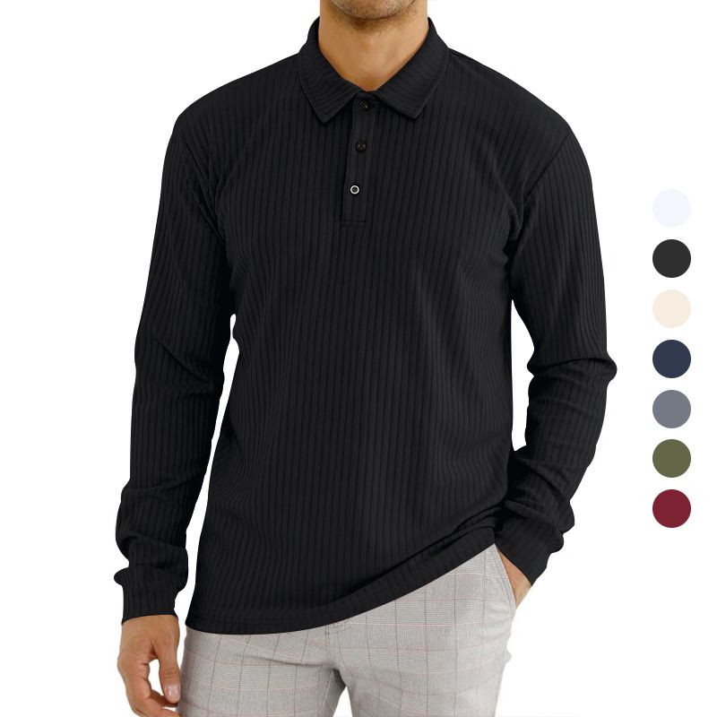 Foreign trade casual striped button lapel long sleeved business travel soft polyester fiber customized men's polo shirt