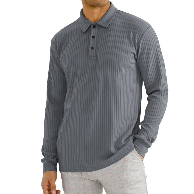Foreign trade casual striped button lapel long sleeved business travel soft polyester fiber customized men's polo shirt
