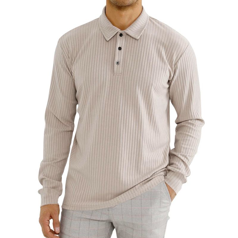Foreign trade casual striped button lapel long sleeved business travel soft polyester fiber customized men's polo shirt