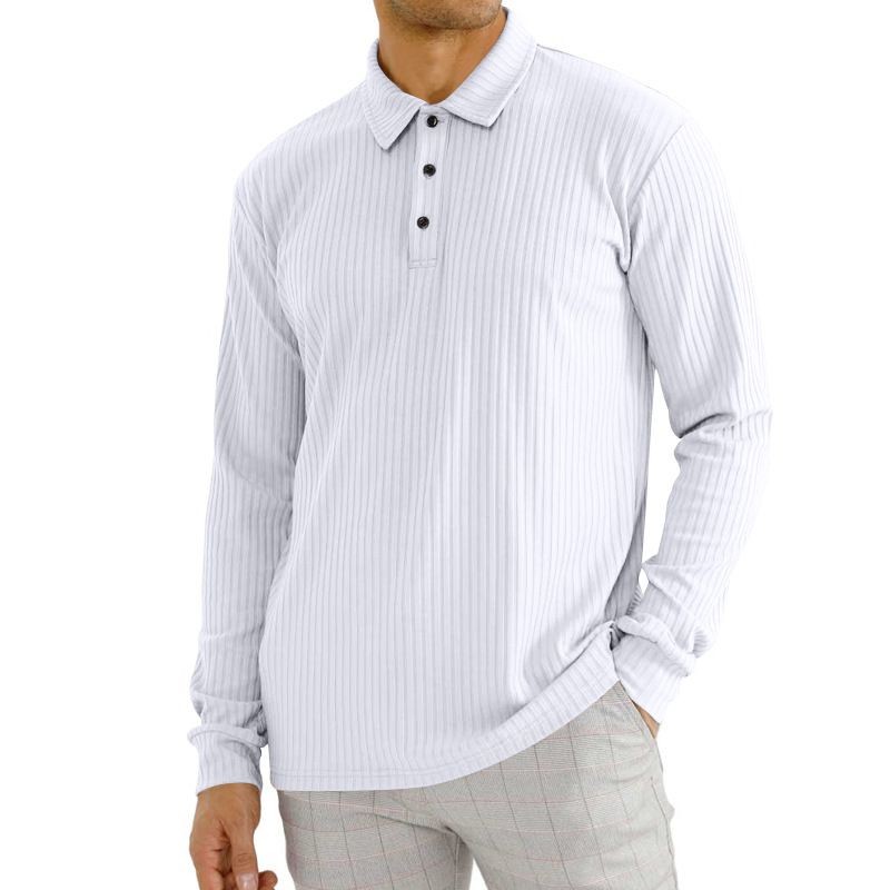 Foreign trade casual striped button lapel long sleeved business travel soft polyester fiber customized men's polo shirt