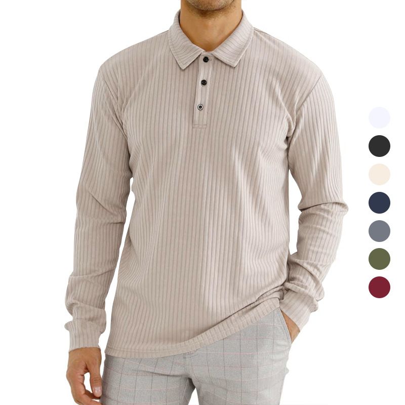 Foreign trade casual striped button lapel long sleeved business travel soft polyester fiber customized men's polo shirt