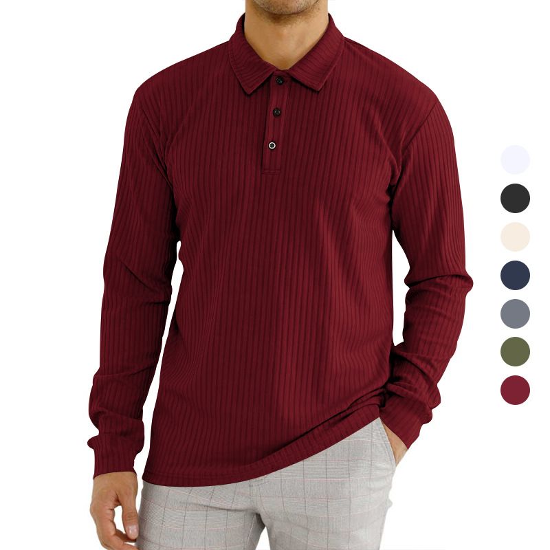 Foreign trade casual striped button lapel long sleeved business travel soft polyester fiber customized men's polo shirt