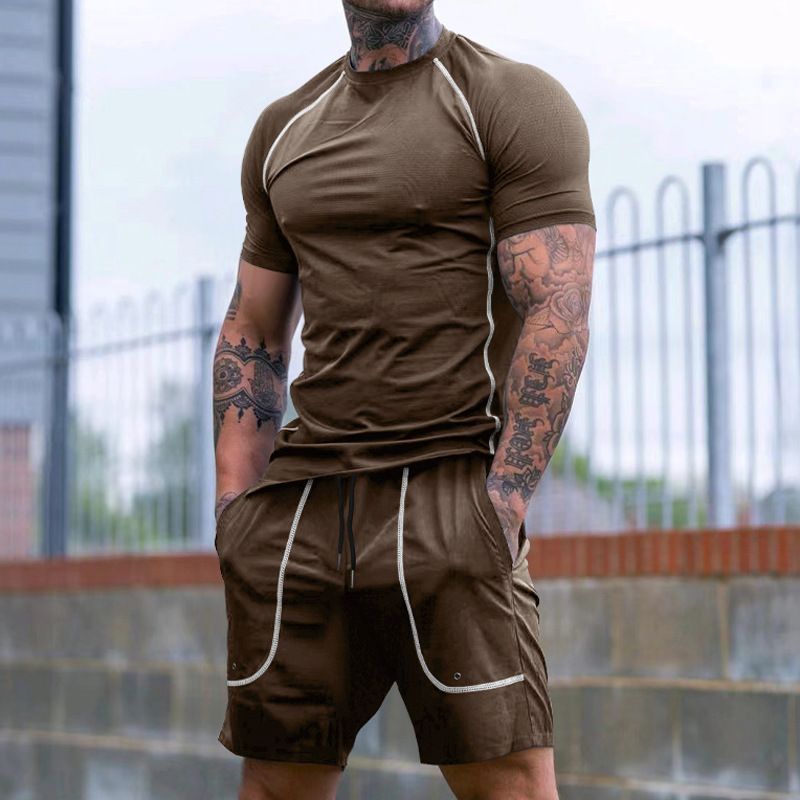 Workout Clothing US Size 95% Polyester 5%Spendex 2 Pcs Muscle Baselayer Compression Short Sleeve Tshirt Shorts Fitness GYM Set  Two-Piece Outfits