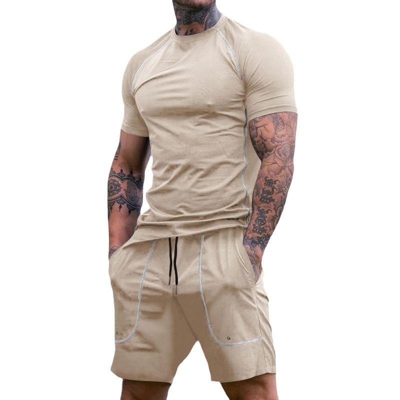 Workout Clothing US Size 95% Polyester 5%Spendex 2 Pcs Muscle Baselayer Compression Short Sleeve Tshirt Shorts Fitness GYM Set  Two-Piece Outfits